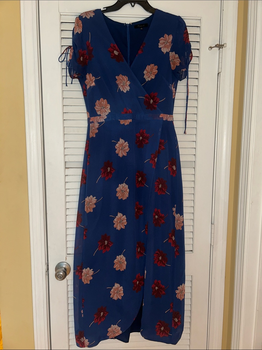 Madewell Blue Floral Wrap Midi Dress with Red & Blush Blooms